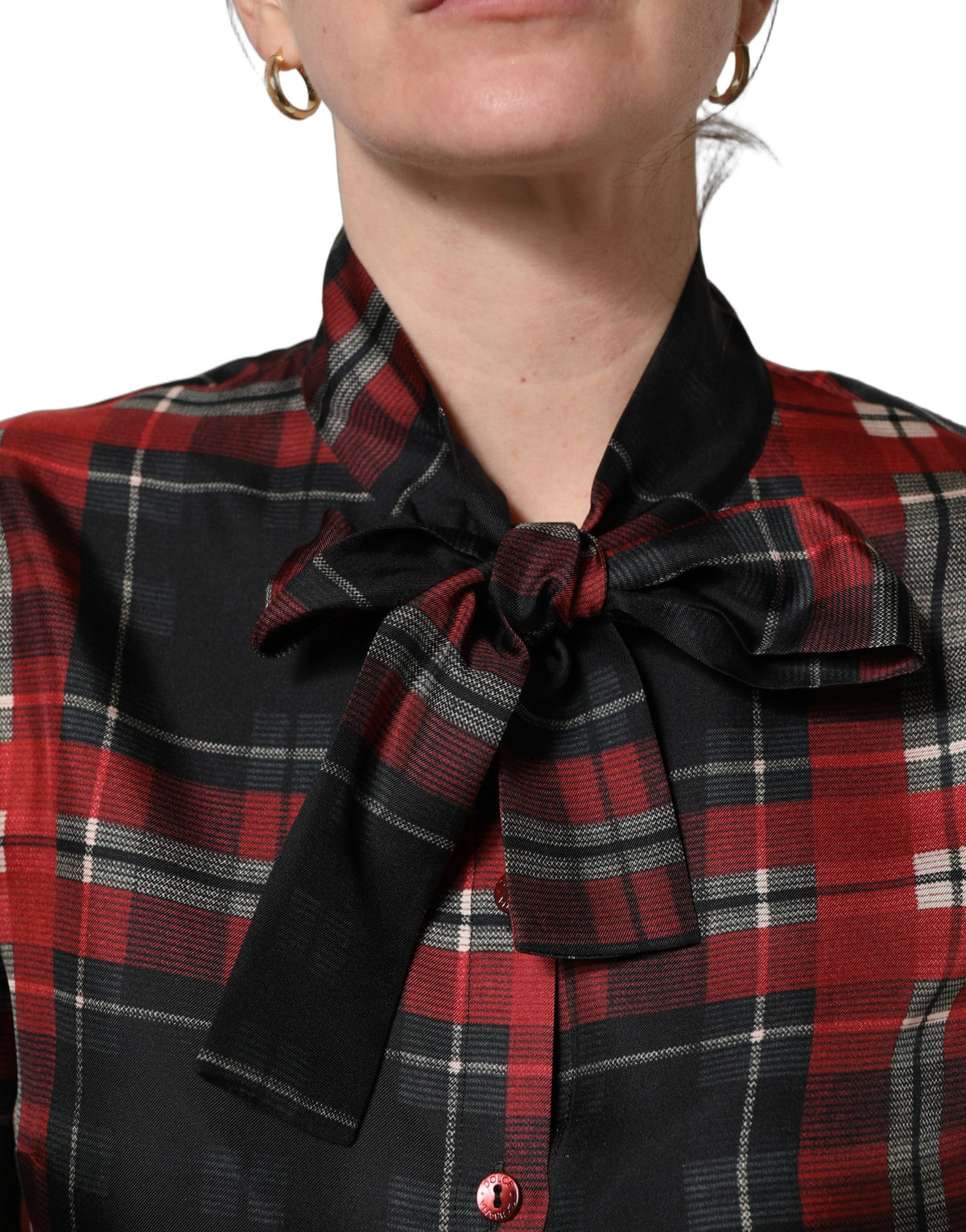 Dolce & Gabbana Red Black Plaid Silk Tie-Neck Blouse Top