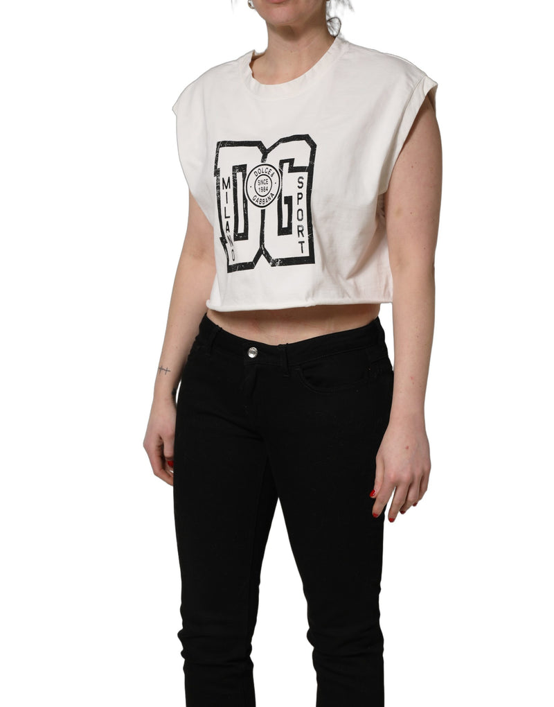 Dolce & Gabbana White Cotton DG Logo Print Cropped Jersey Top