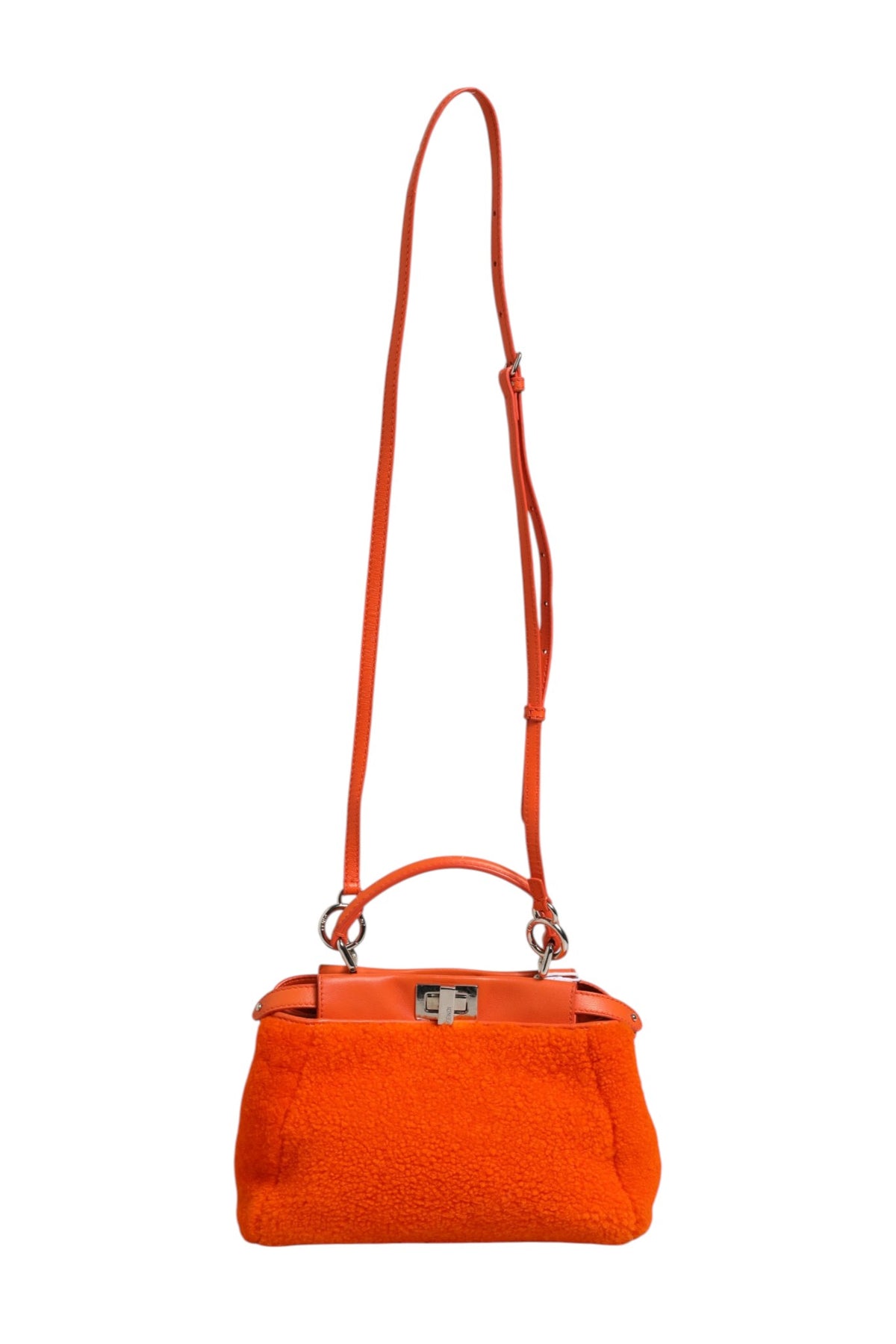 Fendi Orange Leather and Shearling Mini Peekaboo Top Handle Bag