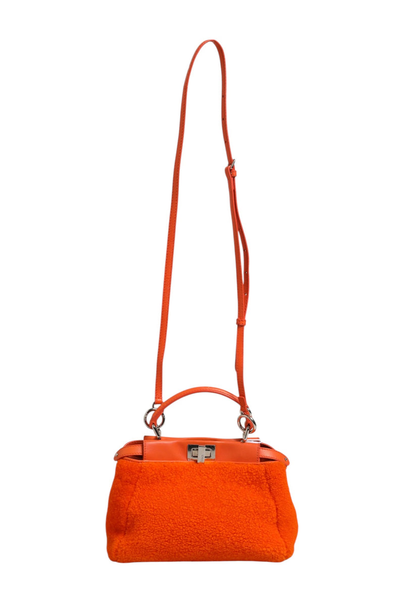 Fendi Orange Leather and Shearling Mini Peekaboo Top Handle Bag