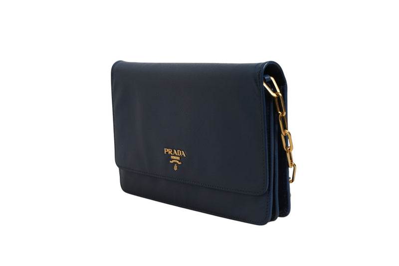 Prada Blue Saffiano Leather Wallet on Chain Clutch Bag