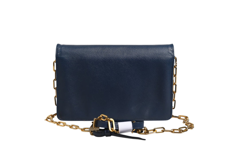 Prada Blue Saffiano Leather Wallet on Chain Clutch Bag