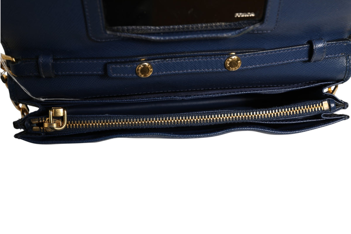 Prada Blue Saffiano Leather Wallet on Chain Clutch Bag