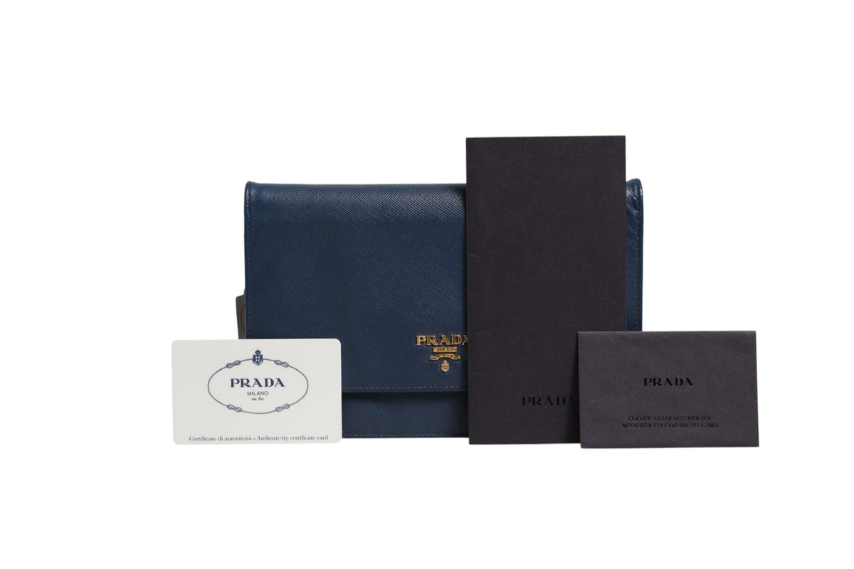 Prada Blue Saffiano Leather Wallet on Chain Clutch Bag