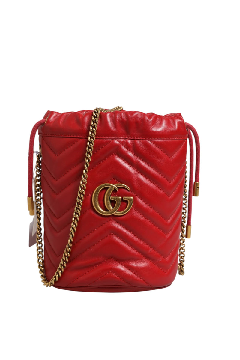 Gucci Red Chevron-Quilted Calfskin Leather GG Marmont Bucket Bag
