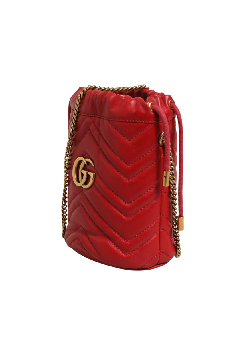 Gucci Red Chevron-Quilted Calfskin Leather GG Marmont Bucket Bag