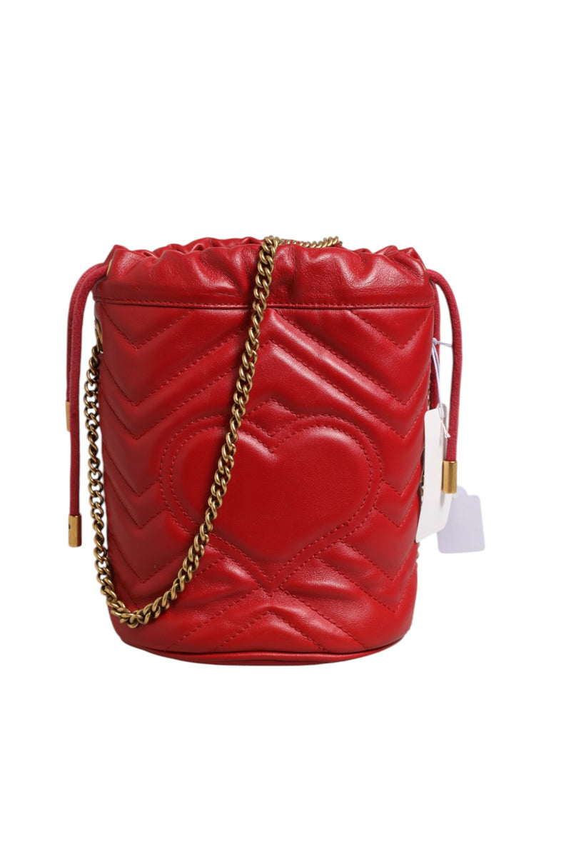 Gucci Red Chevron-Quilted Calfskin Leather GG Marmont Bucket Bag