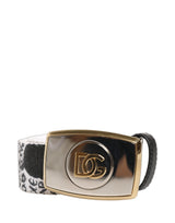 Dolce & Gabbana White Graffiti Print Gold Metal Buckle Belt