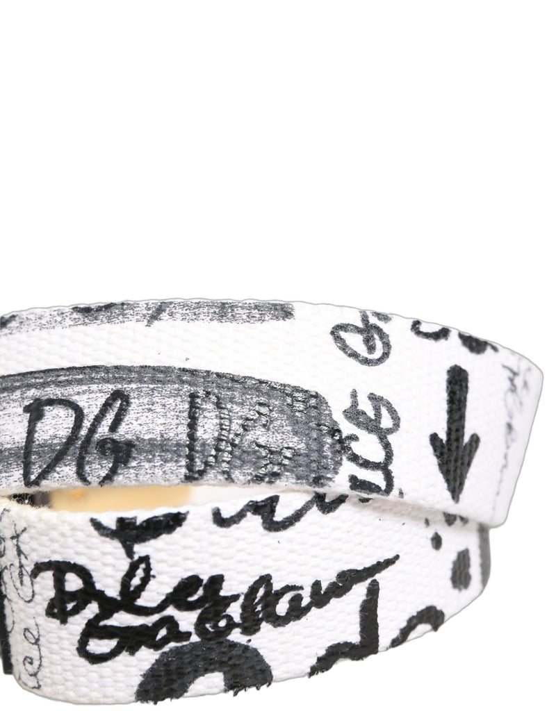 Dolce & Gabbana White Graffiti Print Gold Metal Buckle Belt