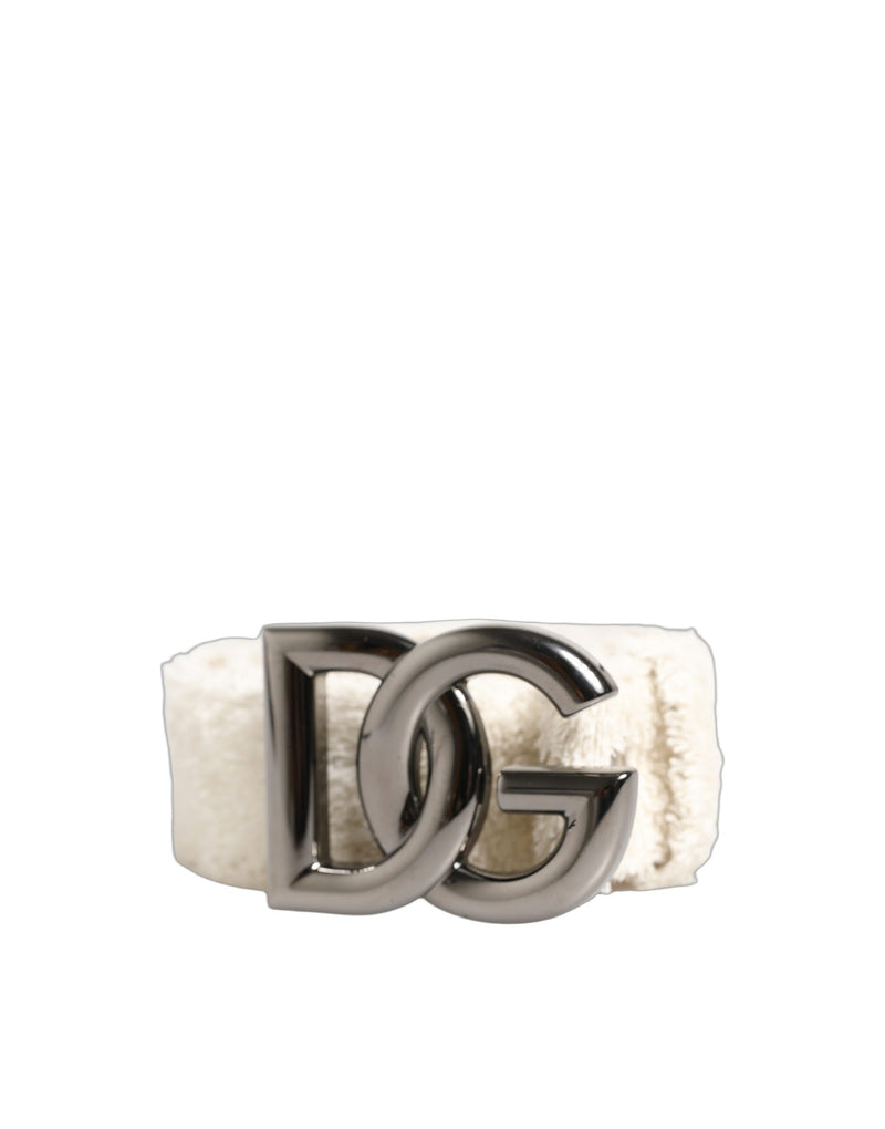 Dolce & Gabbana White Cotton Fleece DG Logo Metal Buckle Belt