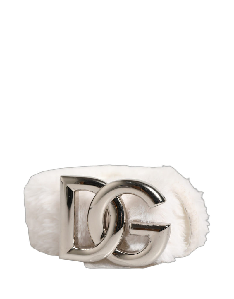Dolce & Gabbana White Fleece Silver DG Logo Metal Buckle Belt