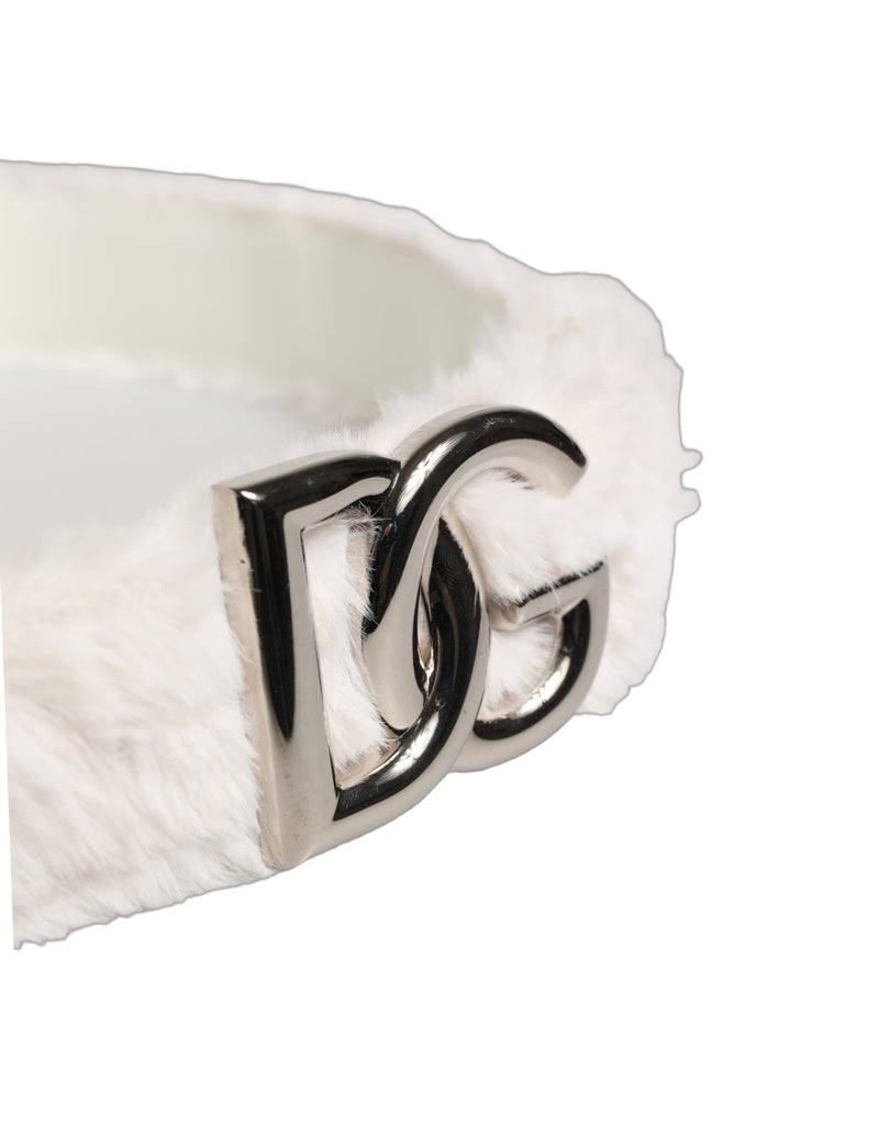 Dolce & Gabbana White Fleece Silver DG Logo Metal Buckle Belt