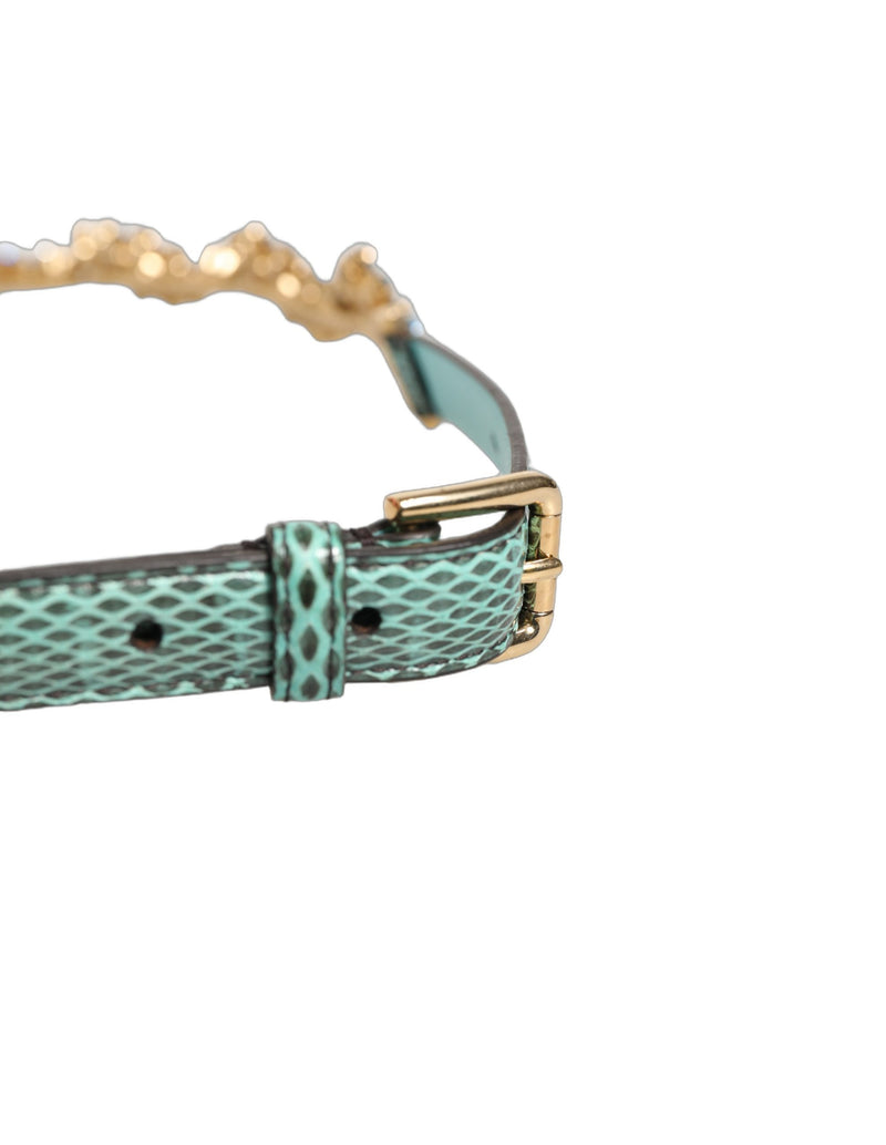 Dolce & Gabbana Green Leather Daisy Crystal Embellished Waist Belt