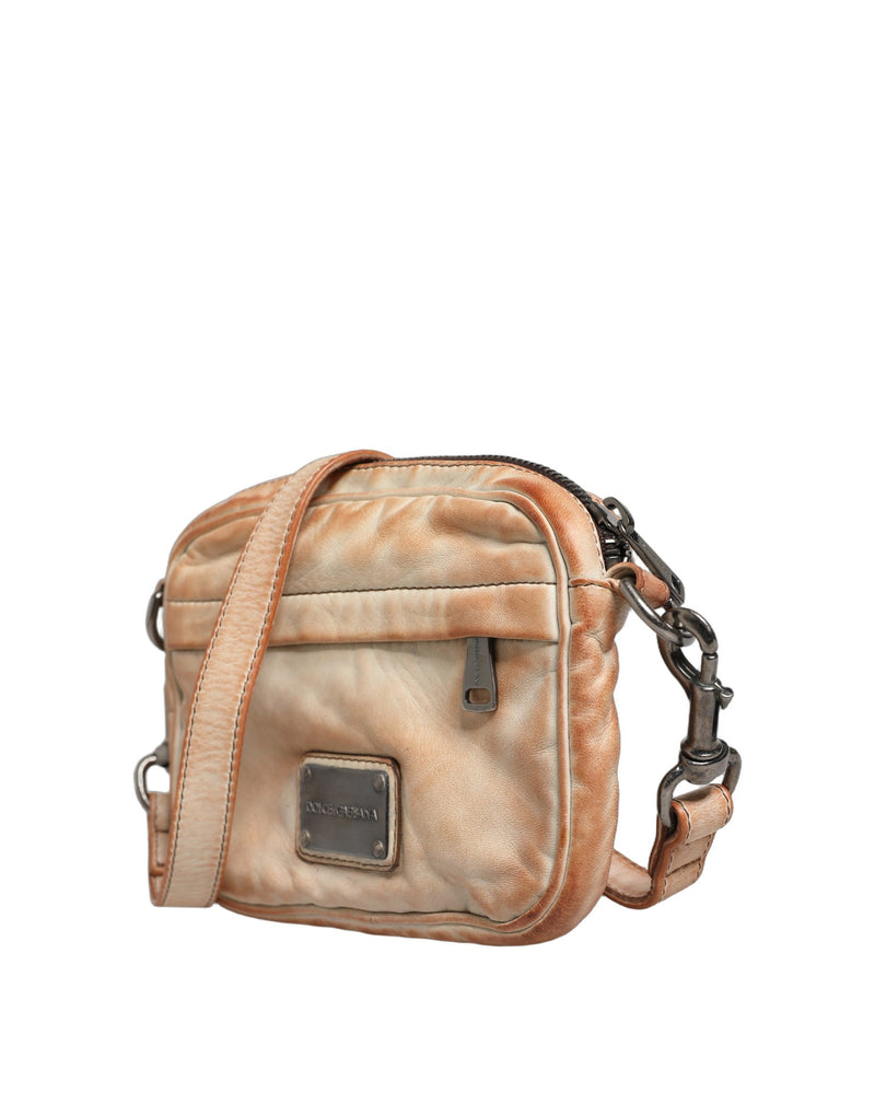 Dolce & Gabbana Beige Vintage Leather Logo Plaque Shoulder Bag