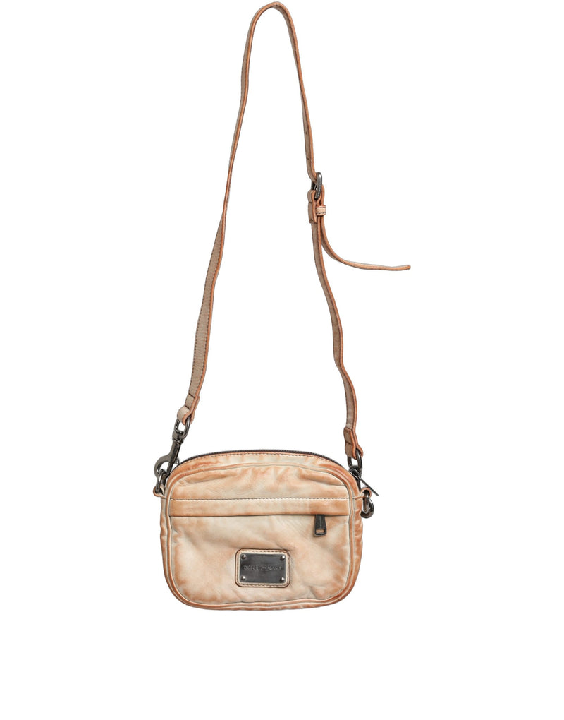 Dolce & Gabbana Beige Vintage Leather Logo Plaque Shoulder Bag