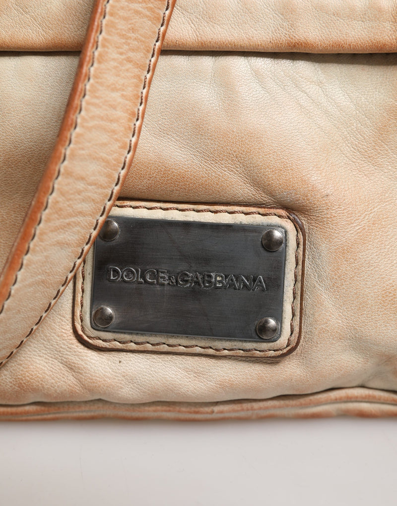 Dolce & Gabbana Beige Vintage Leather Logo Plaque Shoulder Bag