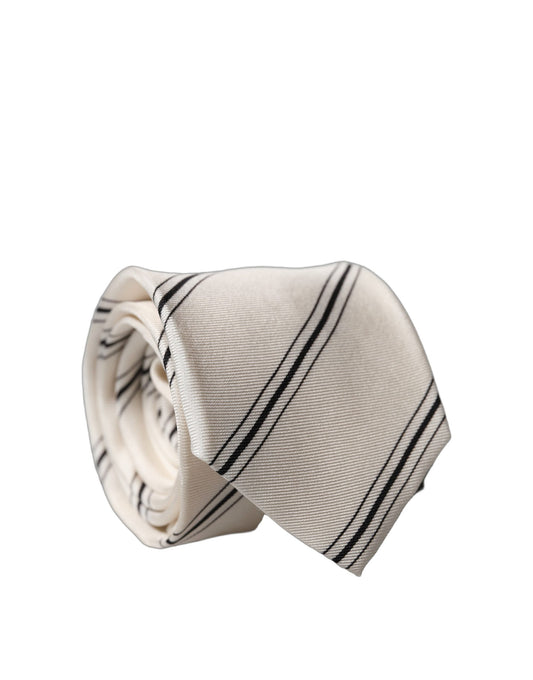 Dolce & Gabbana Necktie Beige Black Stripes 100% Silk Adjustable