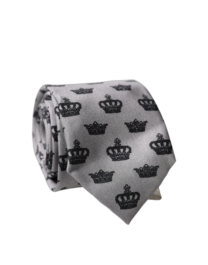 Dolce & Gabbana Gray Crown Fantasy Silk Adjustable Necktie