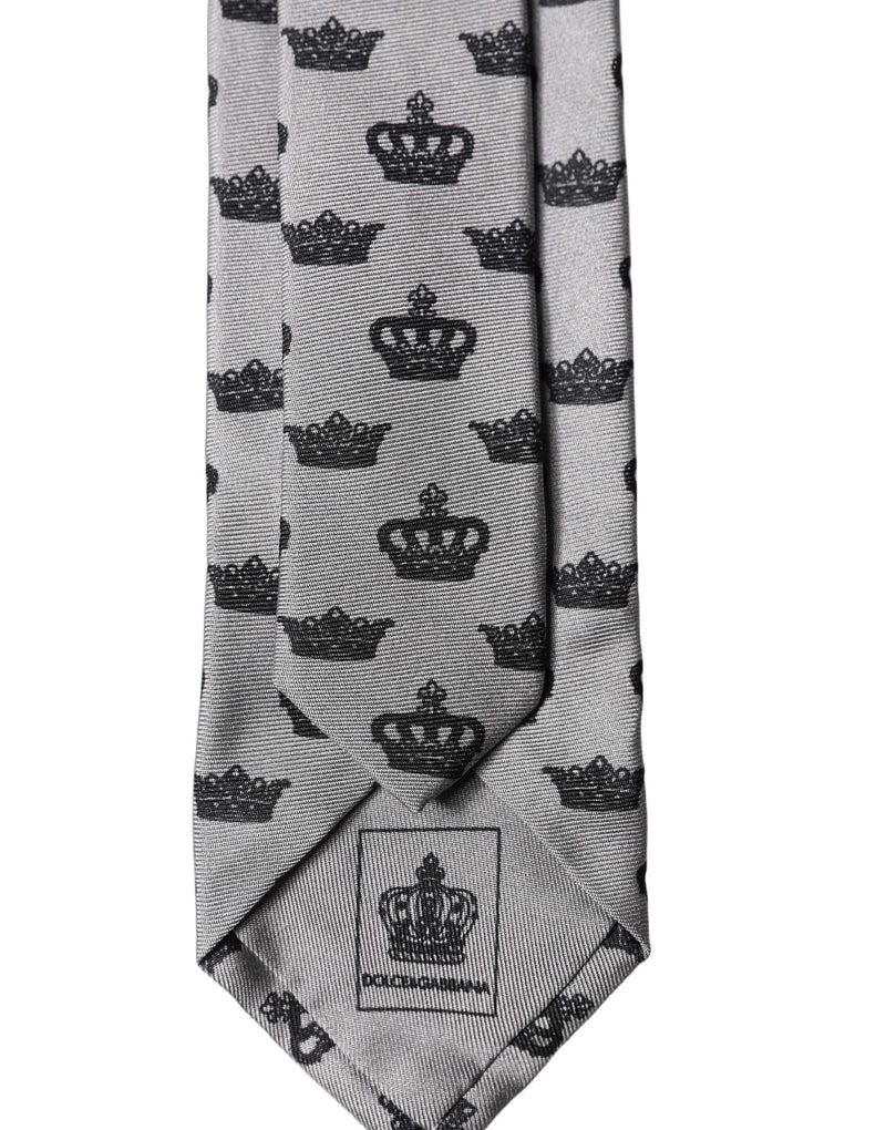 Dolce & Gabbana Gray Crown Fantasy Silk Adjustable Necktie