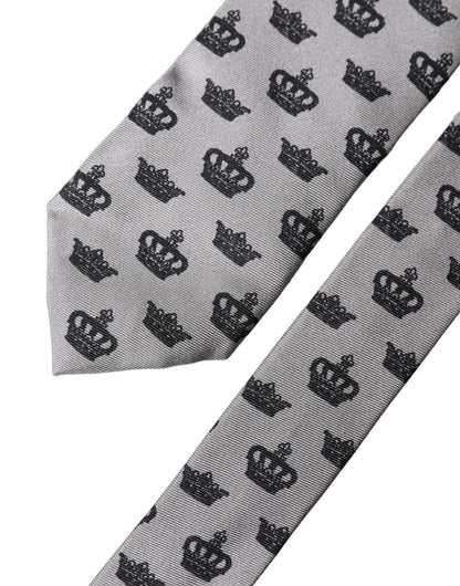 Dolce & Gabbana Gray Crown Fantasy Silk Adjustable Men Tied Necktie Tie