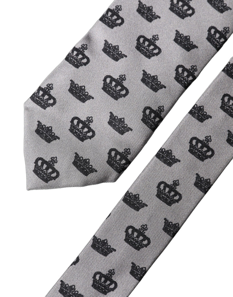 Dolce & Gabbana Gray Crown Fantasy Silk Adjustable Necktie