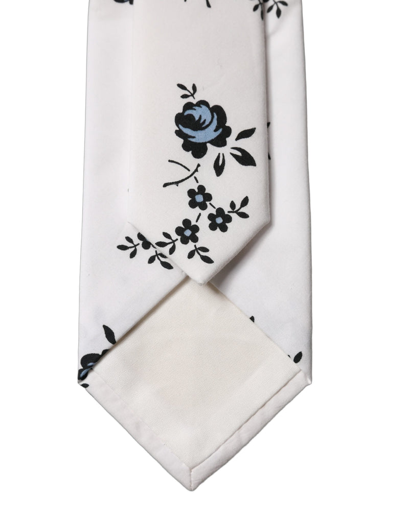 Dolce & Gabbana White Floral Fantasy Cotton Adjustable Men Necktie Tie