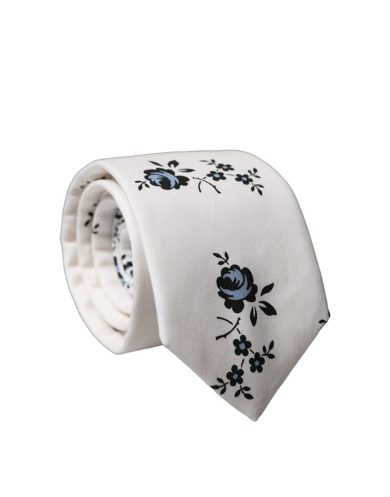 Dolce & Gabbana White Floral Fantasy Cotton Adjustable Men Necktie Tie