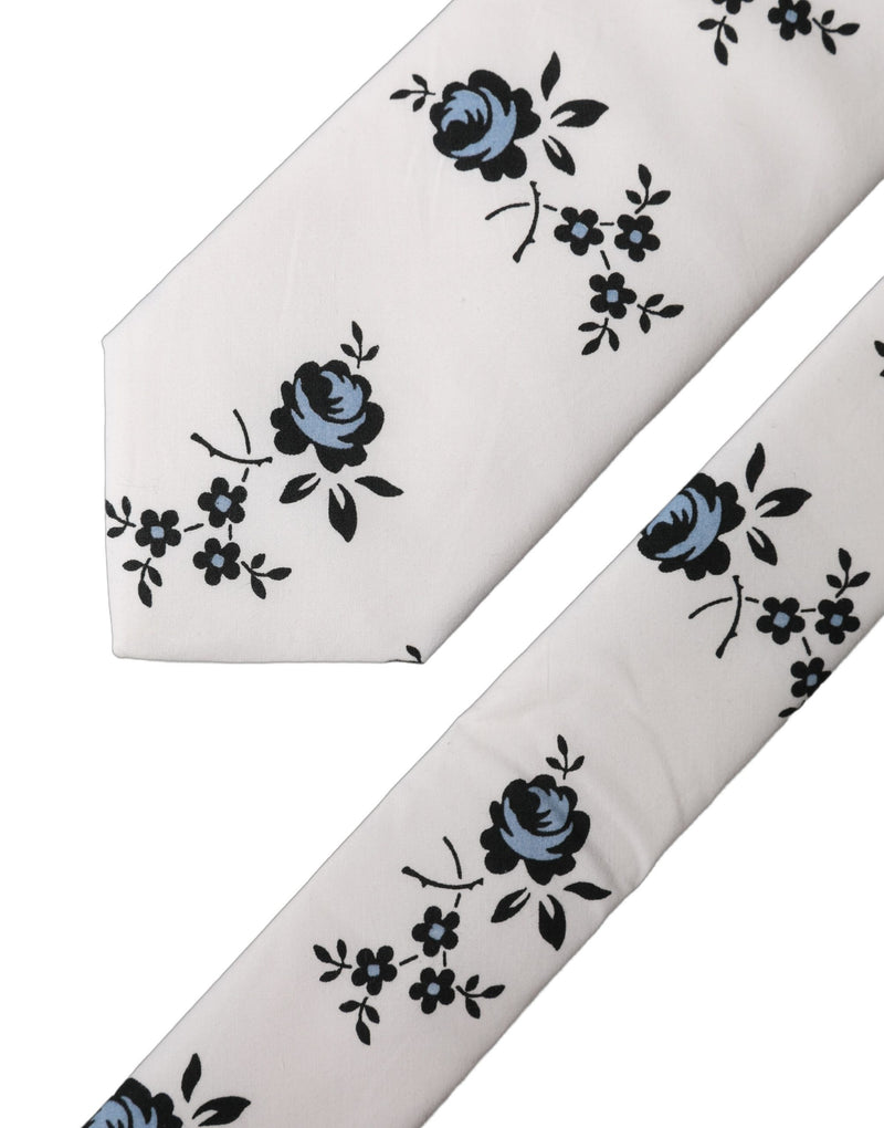 Dolce & Gabbana White Floral Fantasy Cotton Adjustable Men Necktie Tie