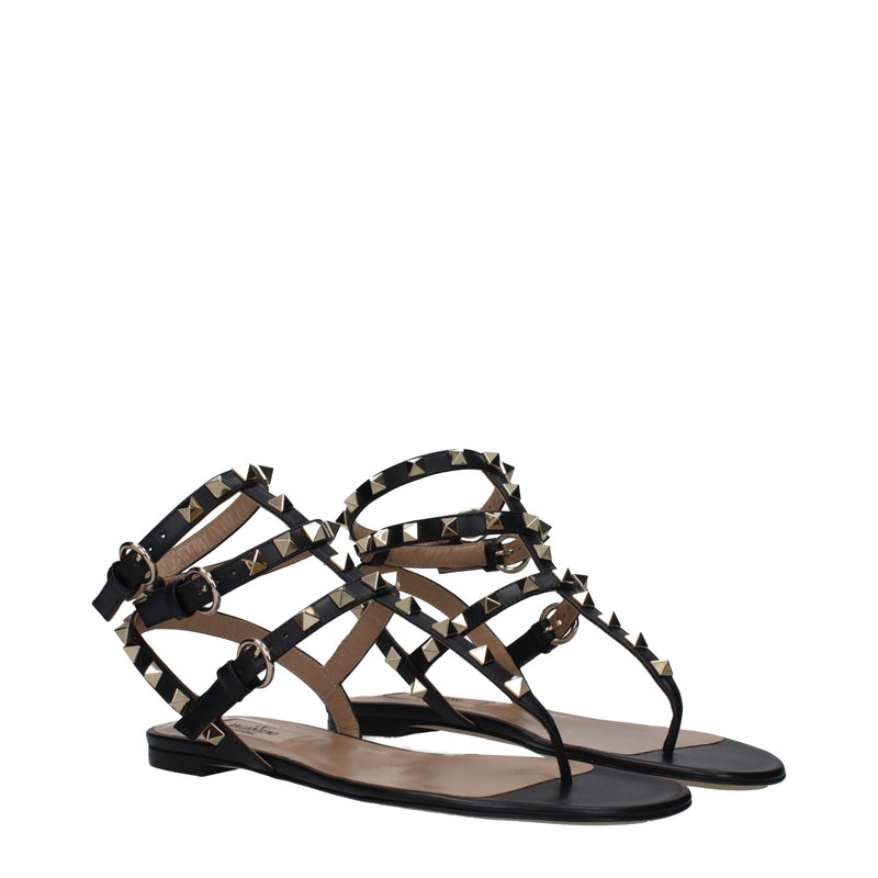 Valentino Garavani Black Leather Flip-Flop Sandals with Studs