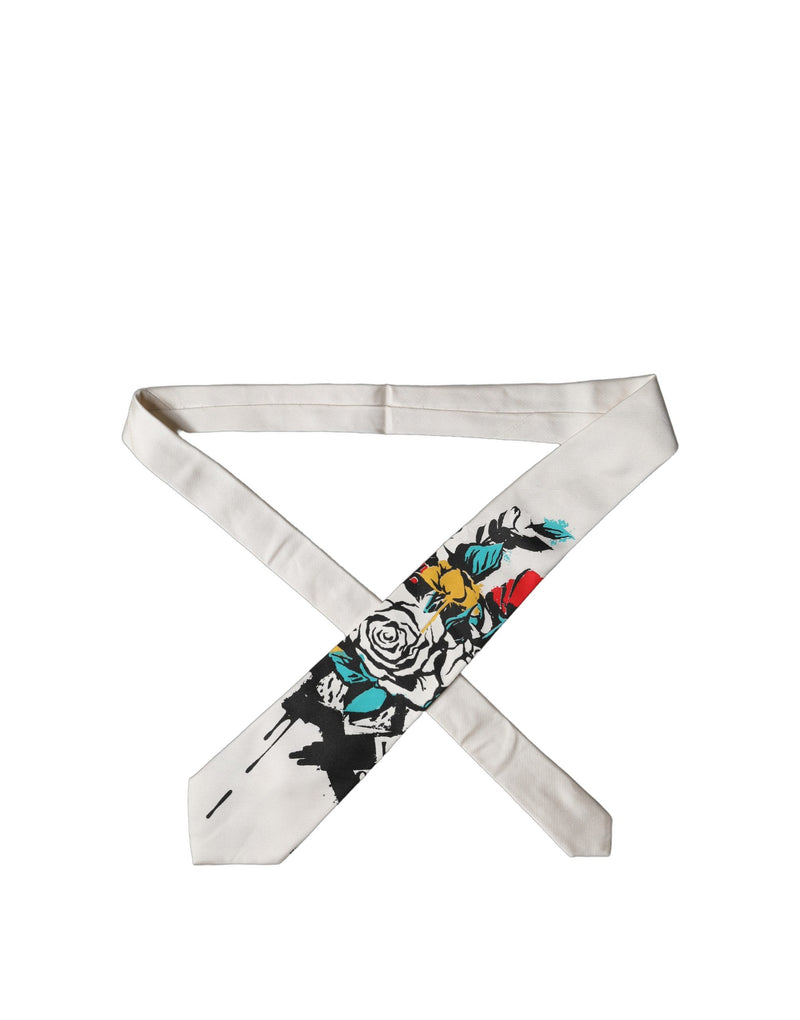 Dolce & Gabbana White Tattoo Floral Silk Adjustable Necktie