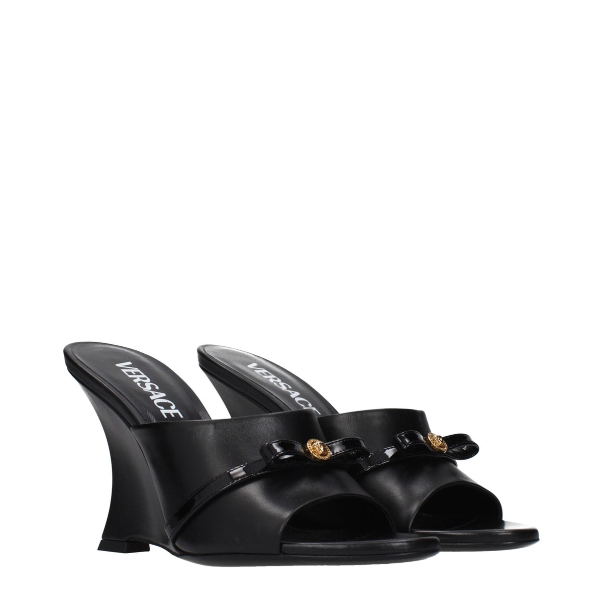 Versace Black Leather Wedge Sandals for Women