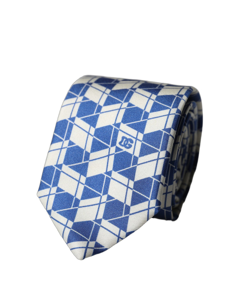 Dolce & Gabbana Blue White Geometric Silk Adjustable Necktie