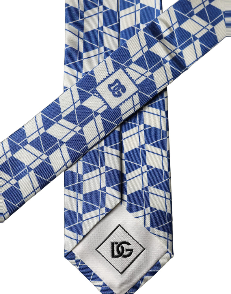 Dolce & Gabbana Blue White Geometric Silk Adjustable Necktie