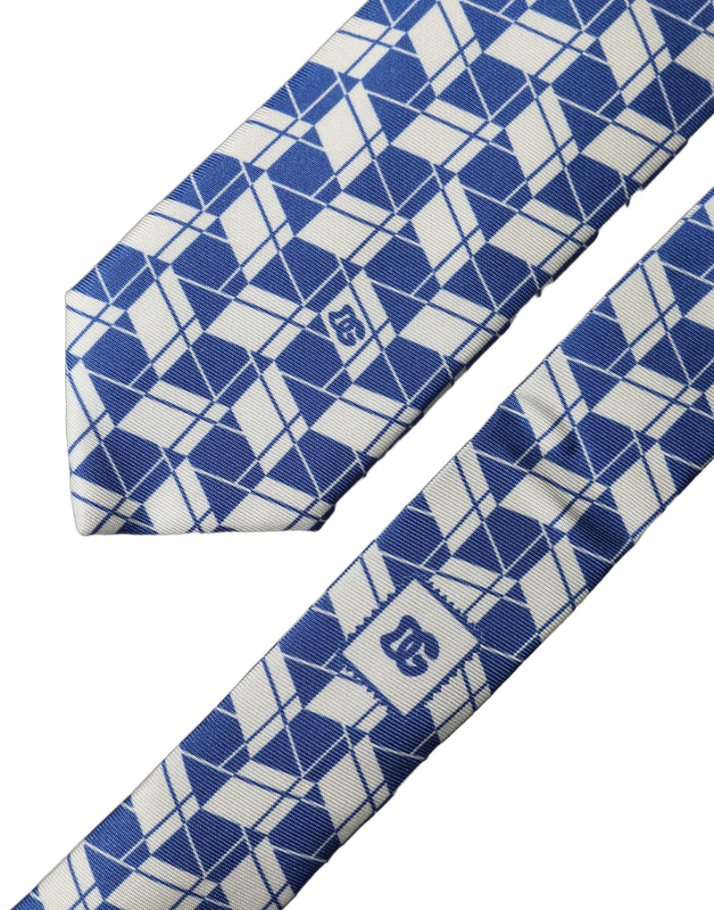 Dolce & Gabbana Blue White Geometric Silk Adjustable Necktie