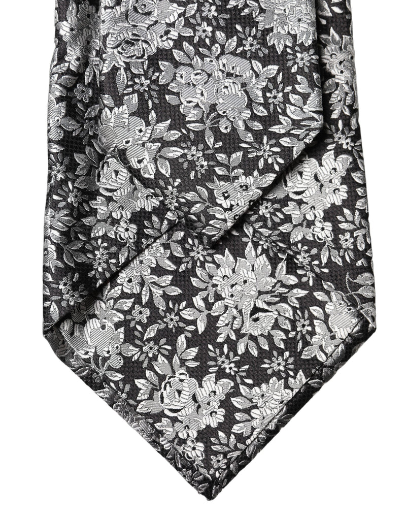Dolce & Gabbana Black Silver Floral Silk Adjustable Women Necktie