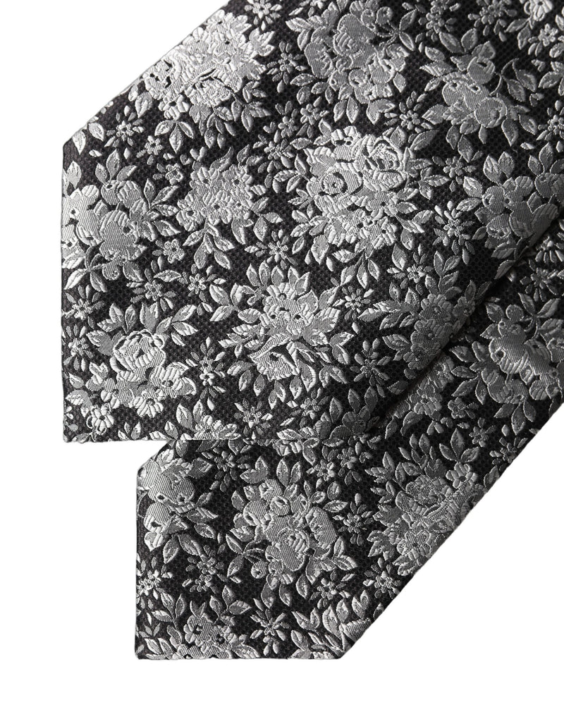 Dolce & Gabbana Black Silver Floral Silk Adjustable Women Necktie