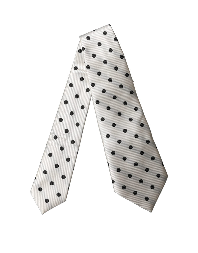 Dolce & Gabbana White Black Polka Dot Silk Adjustable Necktie