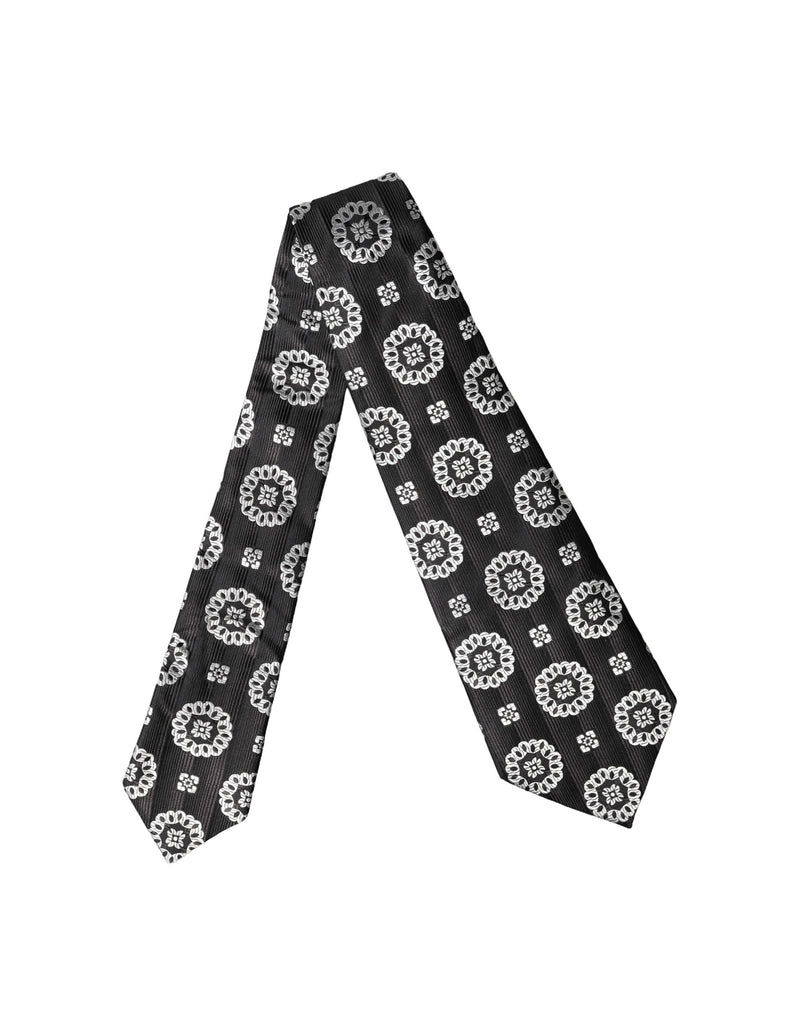 Dolce & Gabbana Black White Floral Silk Adjustable Women Necktie Tie