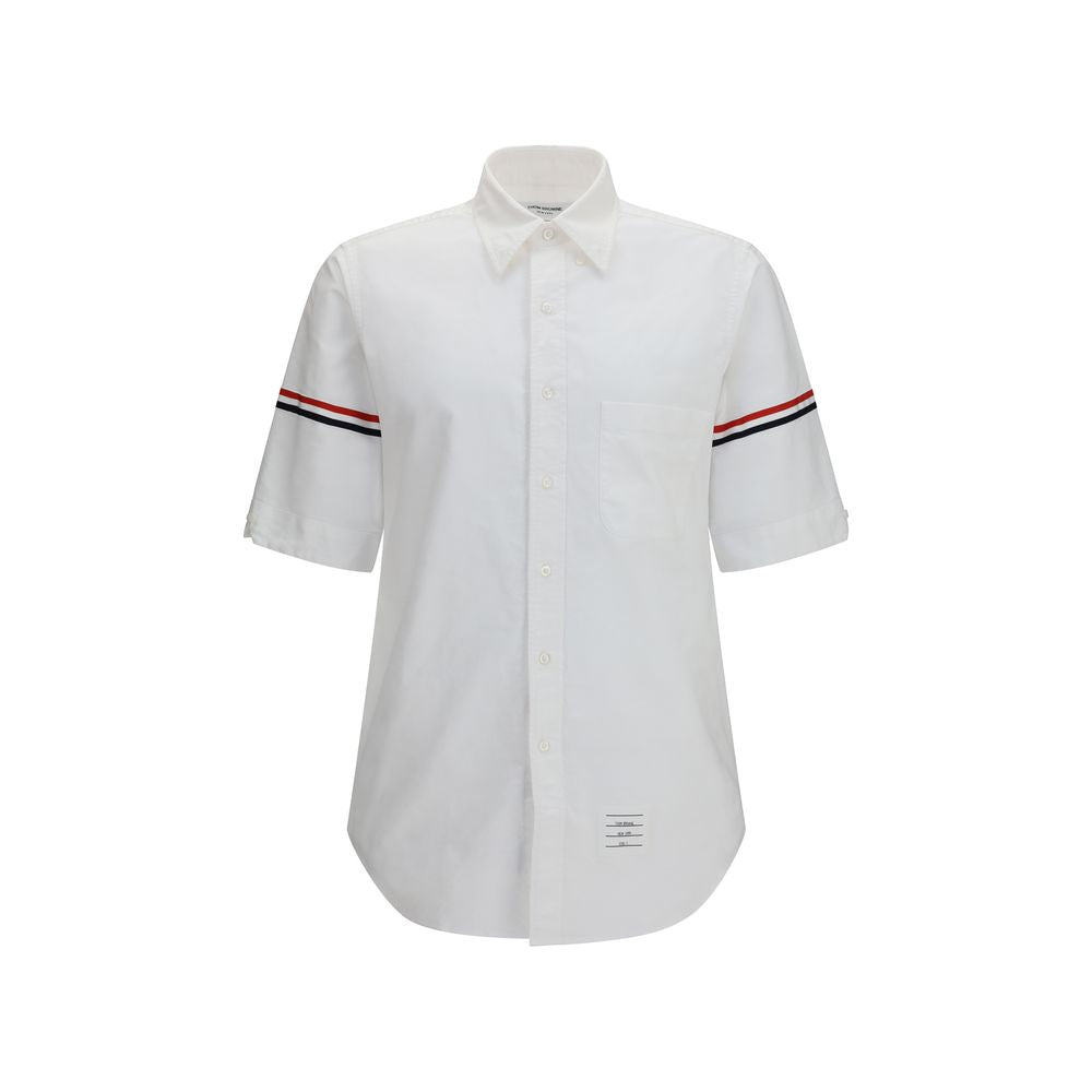 Thom Browne White Cotton Shortsleeve Shirt with Contrast Stripes