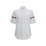 Thom Browne White Cotton Shortsleeve Shirt with Contrast Stripes