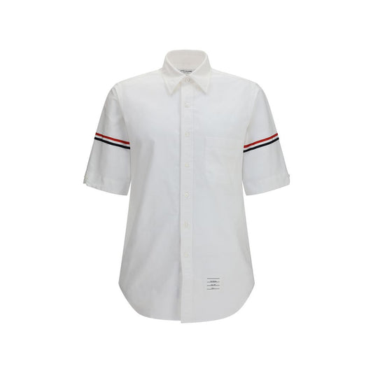 Thom Browne White Cotton Shortsleeve Shirt with Contrast Stripes