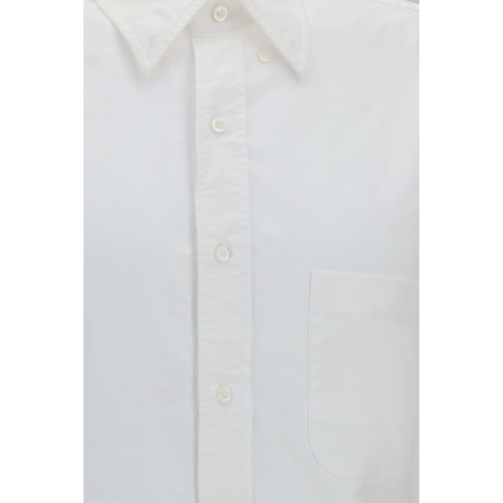 Thom Browne White Cotton Shortsleeve Shirt with Contrast Stripes