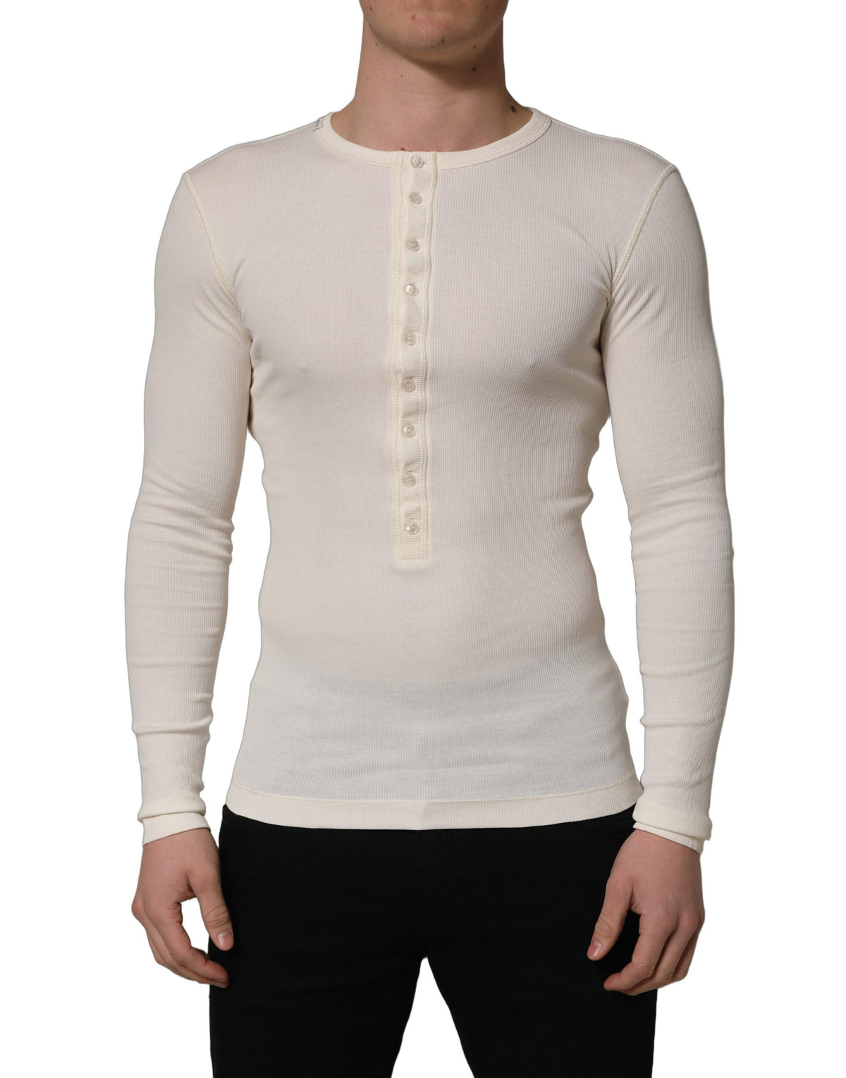 Dolce & Gabbana White Long Sleeves Henley Pullover Sweater