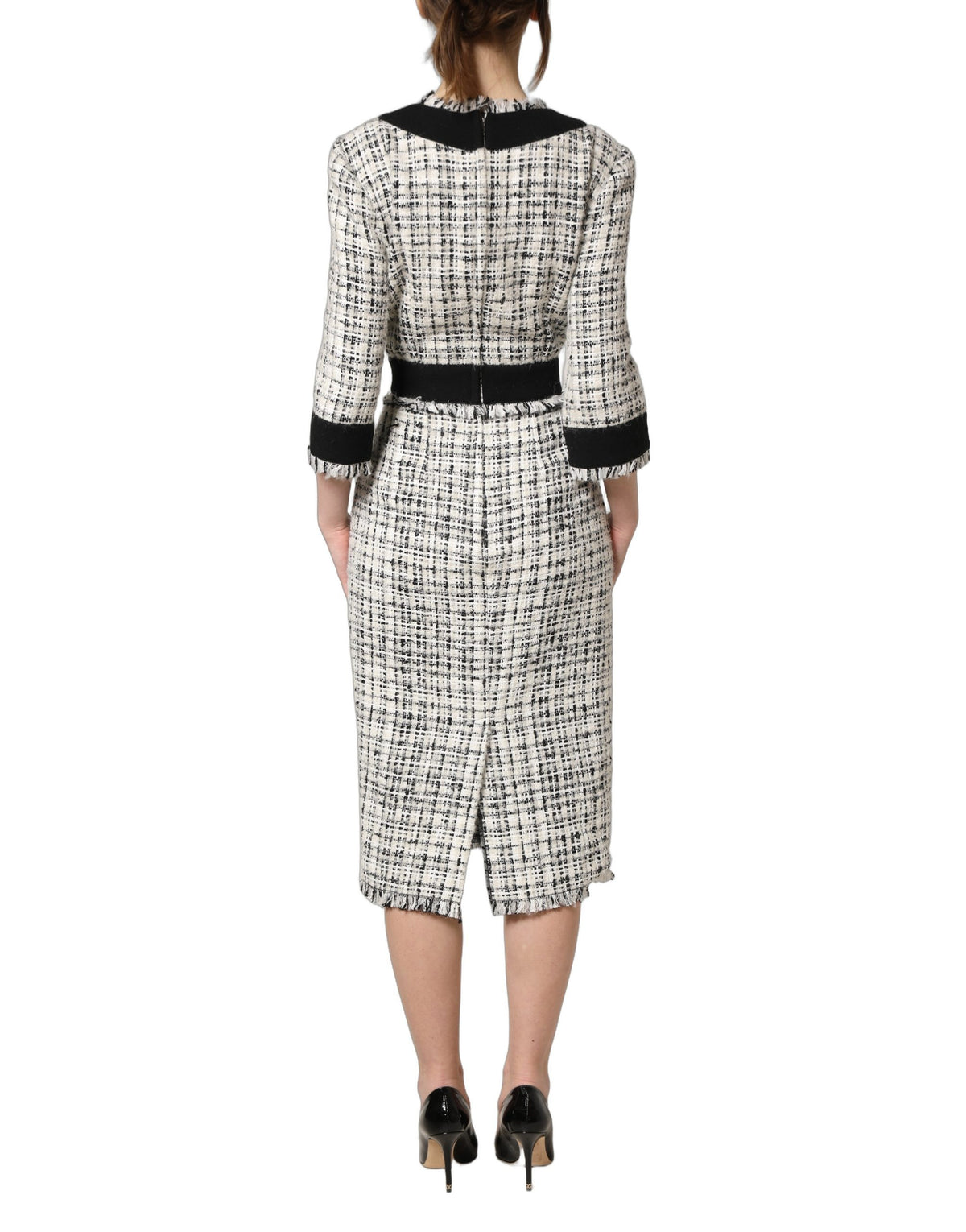 Dolce & Gabbana Black White Tweed Sheath A-line Midi Dress