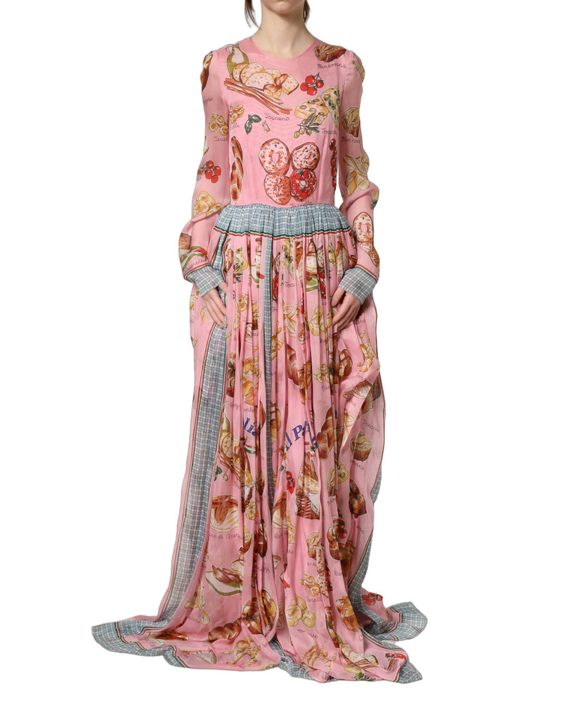 Dolce & Gabbana Light Pink Bread Print Pleated Maxi Dress