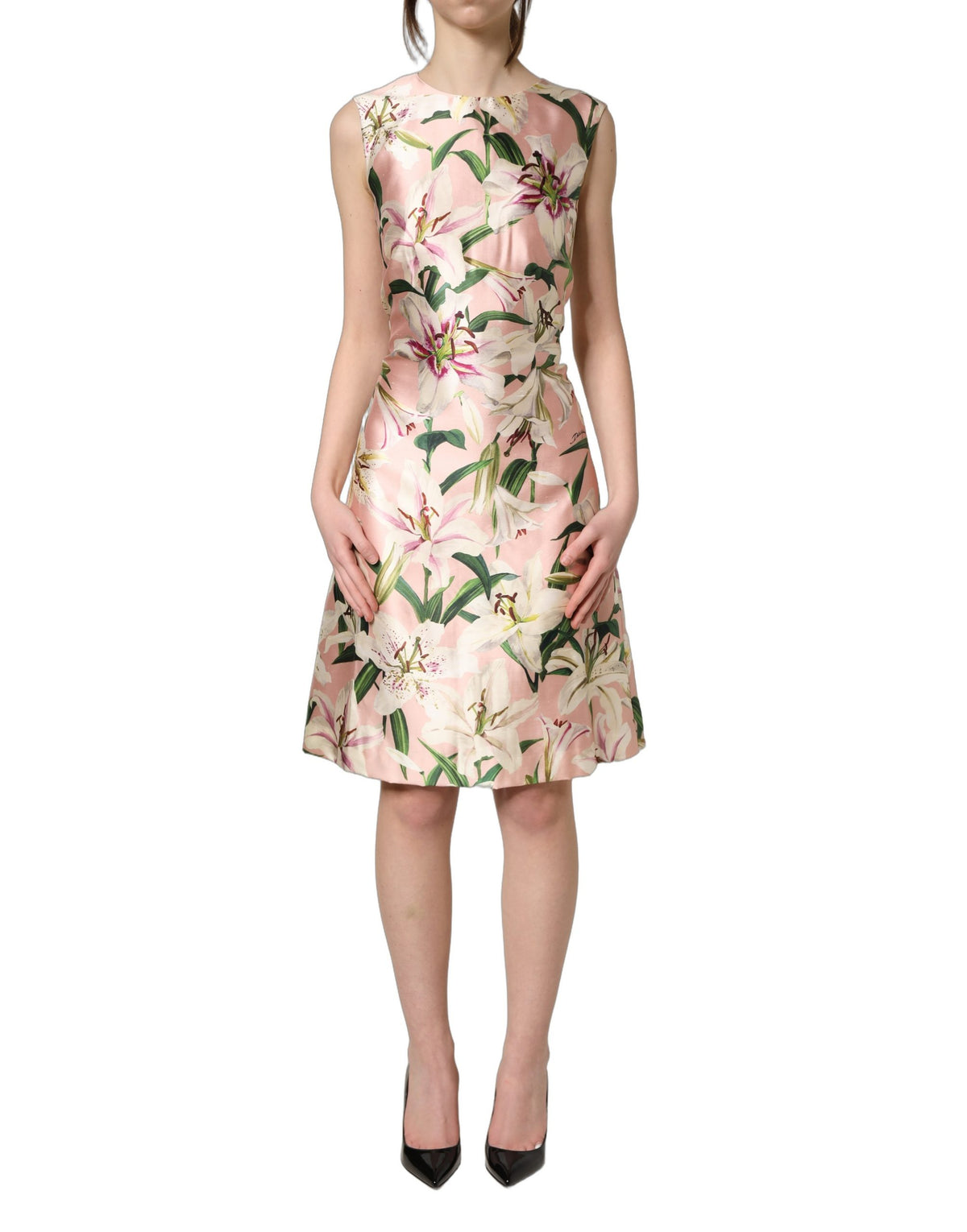 Dolce & Gabbana Light Pink Lily Print Sleeveless Sheath Dress