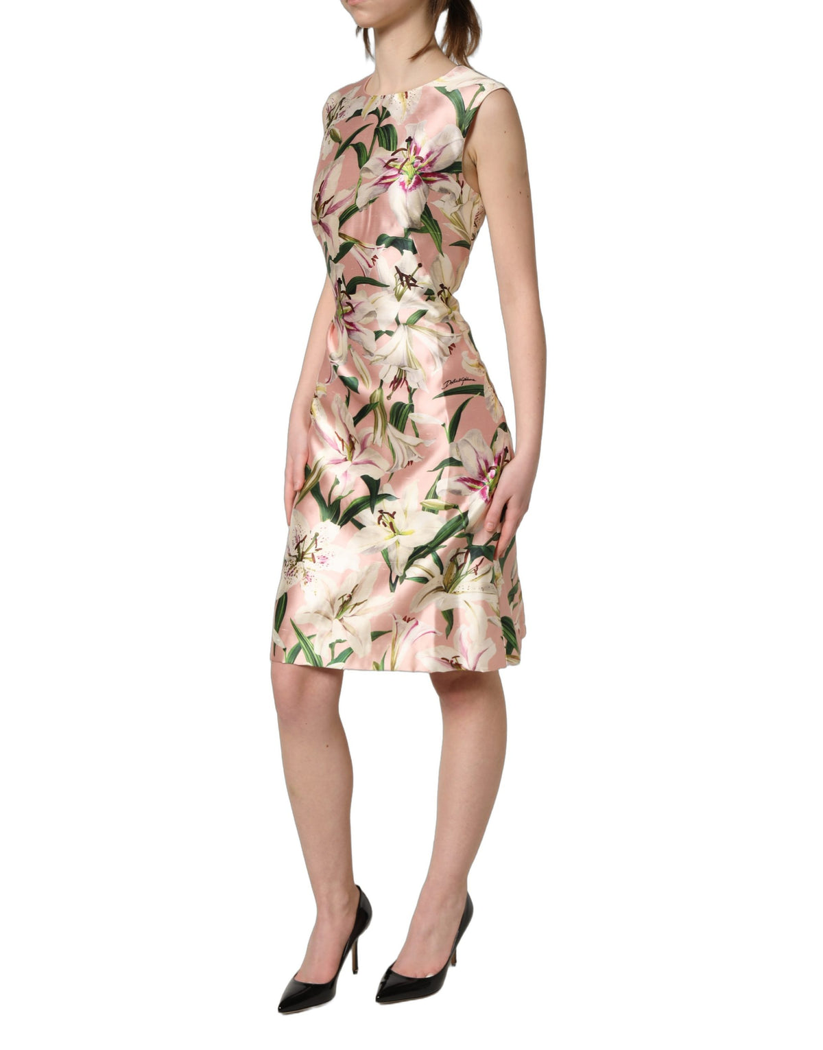 Dolce & Gabbana Light Pink Lily Print Sleeveless Sheath Dress