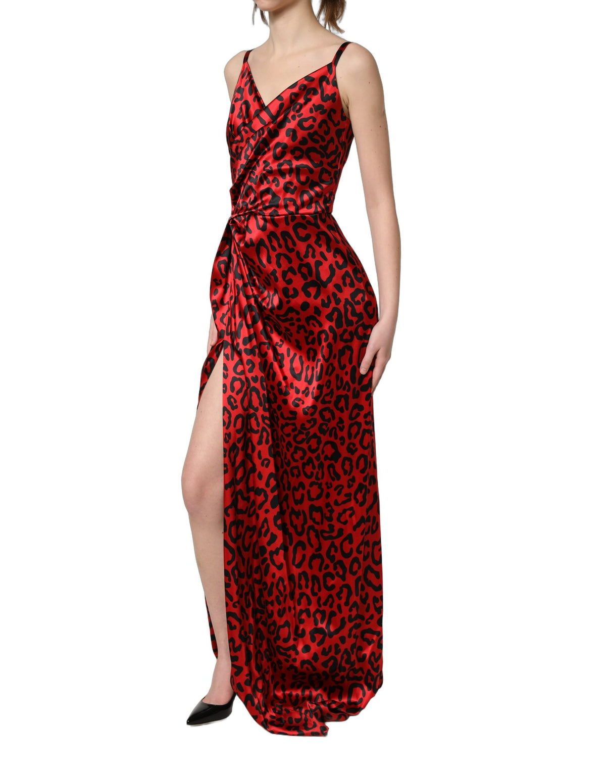 Dolce & Gabbana Red Leopard Draped Sleeveless Maxi Dress