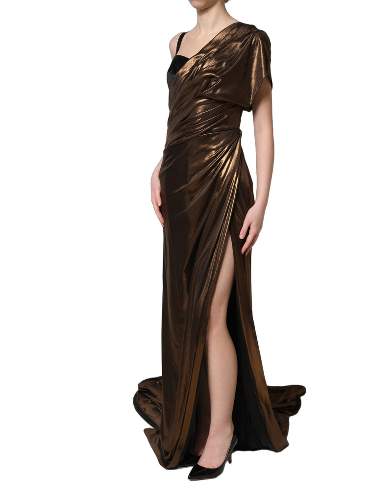 Dolce & Gabbana Bronze Asymmetrical Draping One-Shoulder Dress