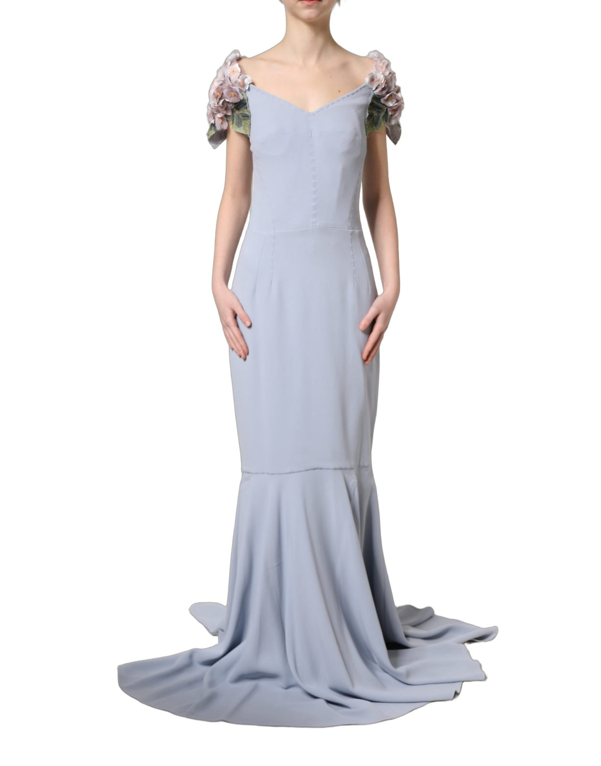 Dolce & Gabbana Light Blue Hydrangea Embellished Cap Sleeve Dress